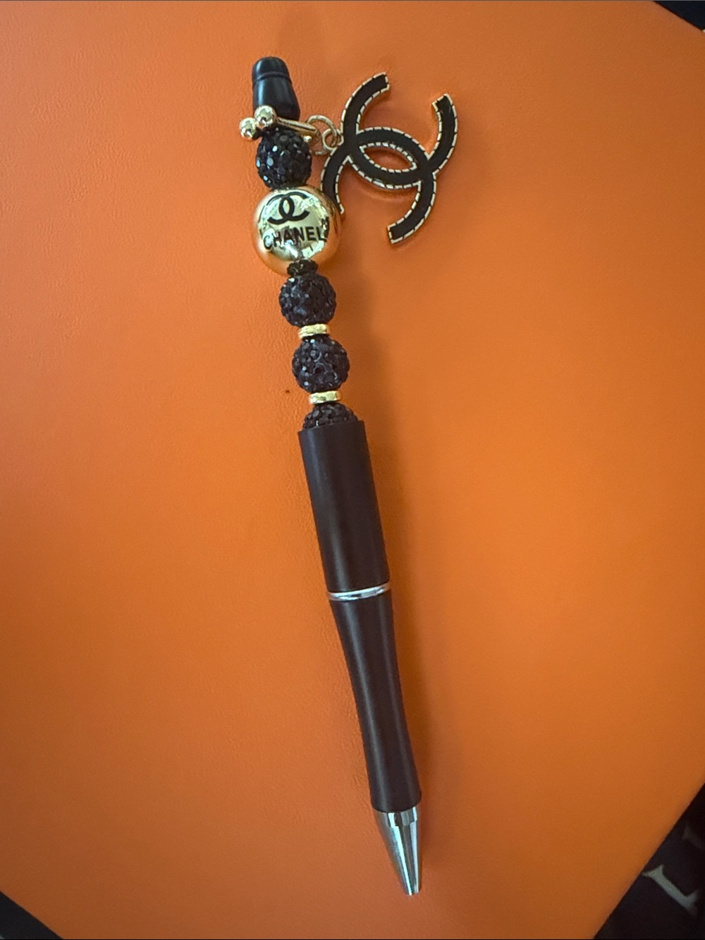 Black and Gold Beaded Pen with charm